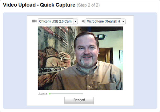 Getting ready to record a “live” webcam video with Quick Capture.