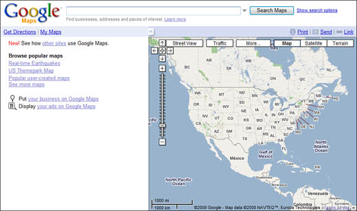 The Google Maps home page.