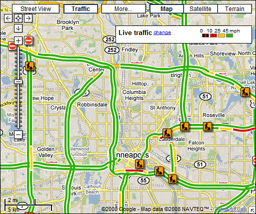 Minneapolis traffic conditions via Google Maps.