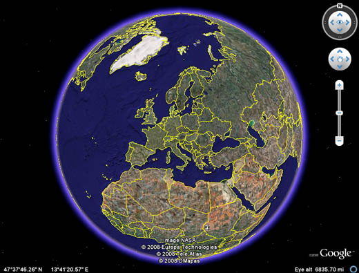 The Google Earth globe panned east and north, to focus on Europe.