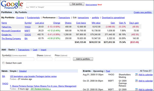 Tracking your personal portfolio with Google Finance.