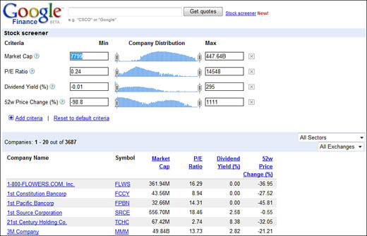 Searching for stocks with Google’s Stock Screener.