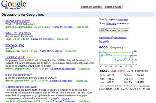 Viewing Google Finance discussions about a specific company.
