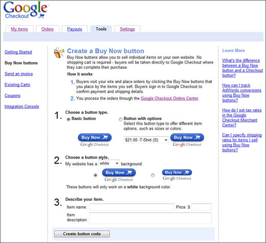 Creating a Buy Now button for your website.