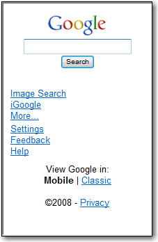 The main Google Mobile screen on your mobile phone.