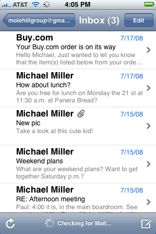 The contents of the iPhone’s Gmail inbox.