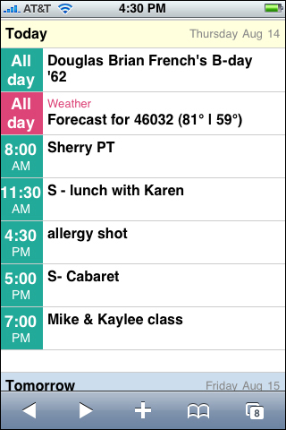 Viewing Google Calendar events.