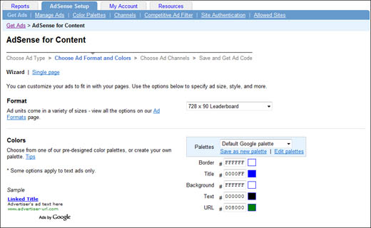 Choosing the ad format and color scheme.