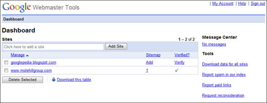 The Webmaster Tools Dashboard.