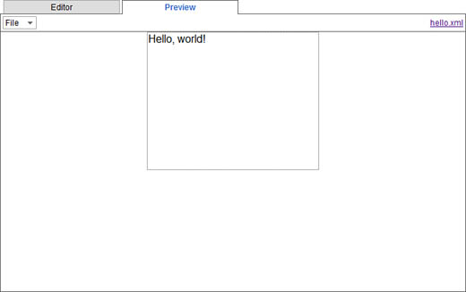 The Hello, World! gadget displayed in the GGE Preview tab.