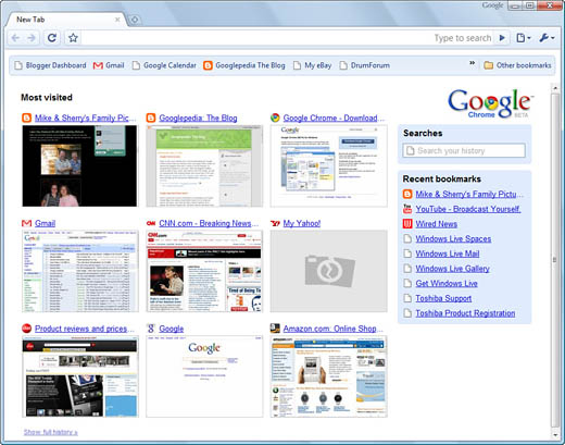 The Chrome start page.