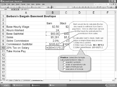 A Question in Excel Lesson Requires Learner to Identify Rule Associated with Worked Step.