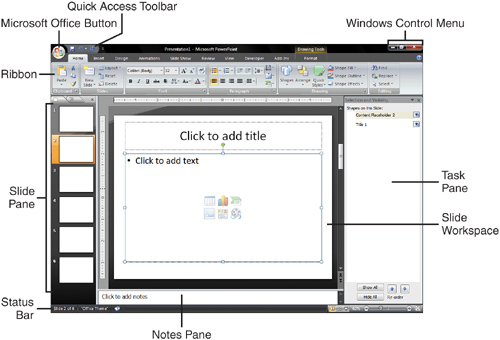 There are a number of different areas in the PowerPoint editing window when it is in Normal view.