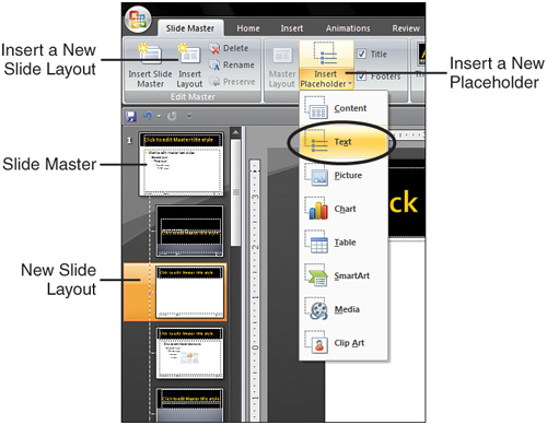 Use the Insert Placeholder gallery to add a placeholder to a Slide Layout.