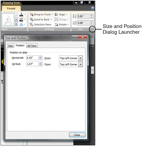 The Size and Position dialog box lets you place objects by the numbers.