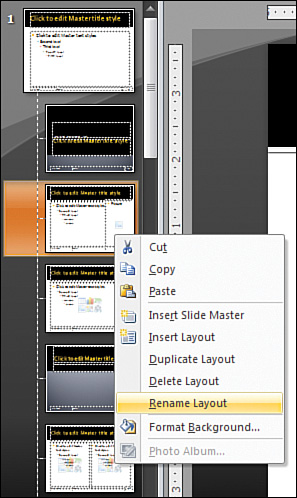 You can access a number of tools by right-clicking slide thumbnails in Slide Master view.