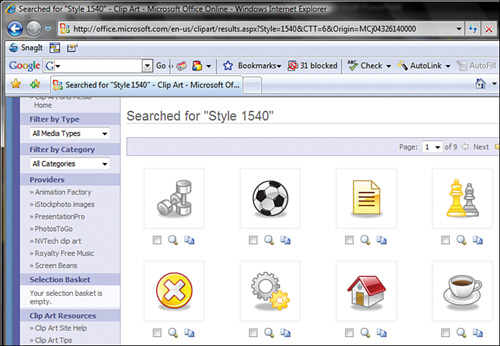 Office Online search results for one style of clip art.
