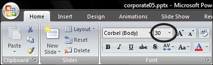 Basic font attributes such as size, font face, and color are available on the Home tab of the Ribbon.