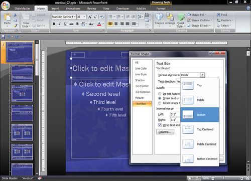 Anchor your text in the Format Shape dialog box.