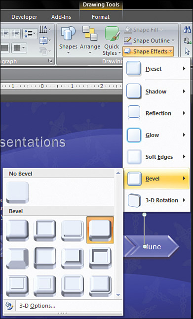 Shape fills, outlines, and effects are available on the Home tab and the Drawing Tools Format tab of the Ribbon.