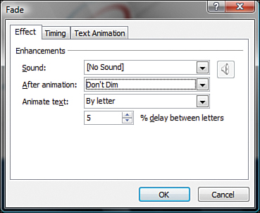 Double-click an effect in the Custom Animation pane to access its options. You also can right-click the effect and choose Effect Options to open this dialog box.