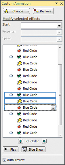 Use the Re-Order buttons to reorder animations in the Custom Animation pane.