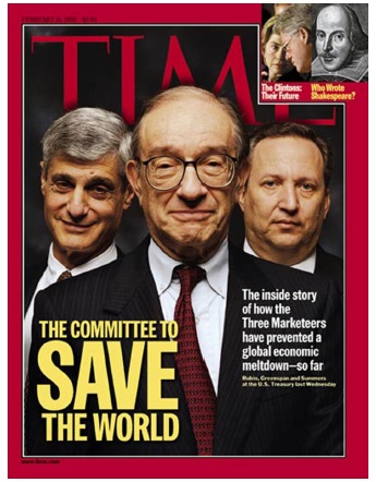 Photograph shows the front cover of Time magazine with photos of three men. The headline reads The Committee to Save the World.