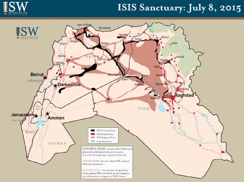 Map shows the ISIS control zone, attack zone, support zone, and Kurd area in the west Asian region including countries like Iraq, Syria, Jordan, Israel, Lebanon et cetera.