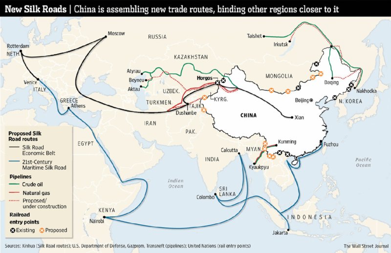 Map shows silk road economic belt through Russia and Western Europe, twenty first century maritime silk road along with crude oil and natural gas pipelines.