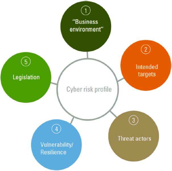 Chart shows organizational cyber risk profile which is connected to business environment, intended targets, threat actors, vulnerability/resilience, and legislation.