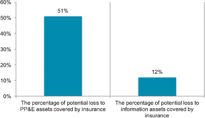 Bar graph shows plotting for percentage of potential loss to PP and E assets covered by insurance as 51 and percentage of potential loss to information assets covered by insurance as 12.