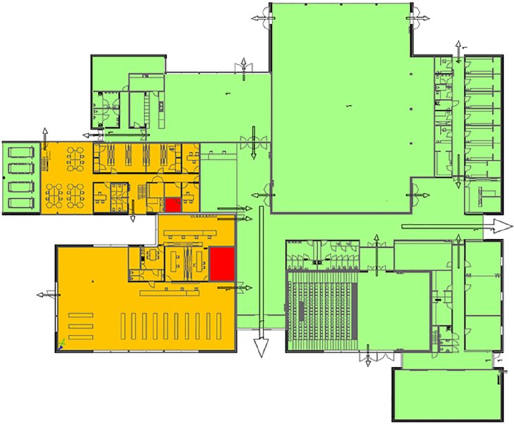 Diagram shows electronic chip that has several compartments in various shapes and sizes, which has several small compartments within it and colors used are green, orange, and red.