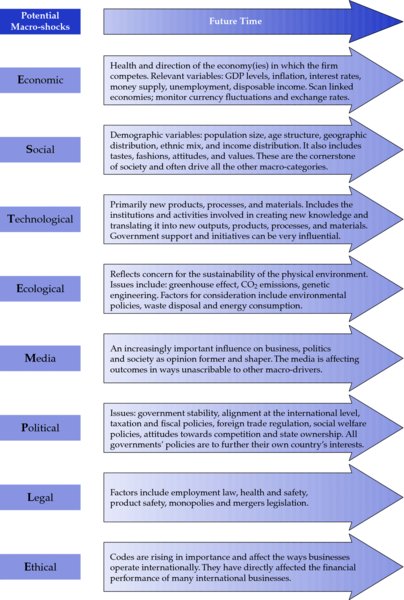 Diagram shows potential macro-shocks such as economic, social, technological, ecological, media, political, legal and ethical to explain conceptual decomposition using ESTEMPLE.