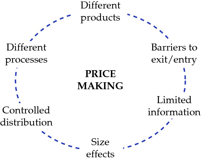 Diagram shows price making at centre surrounded by different products, barriers to exit/entry, limited information, size effects, controlled distribution and different processes.