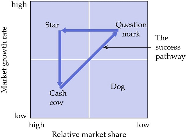 Diagram shows growth-share matrix that has relative market share (high to low) versus market growth rate (low to high) with grids for star, question mark, cash cow and dog. Success pathway connects all grids except dog.