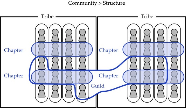 Image shows community greater than structure with two sets of tribes containing chapters in rows. Guild is combination of chapters from both tribes.