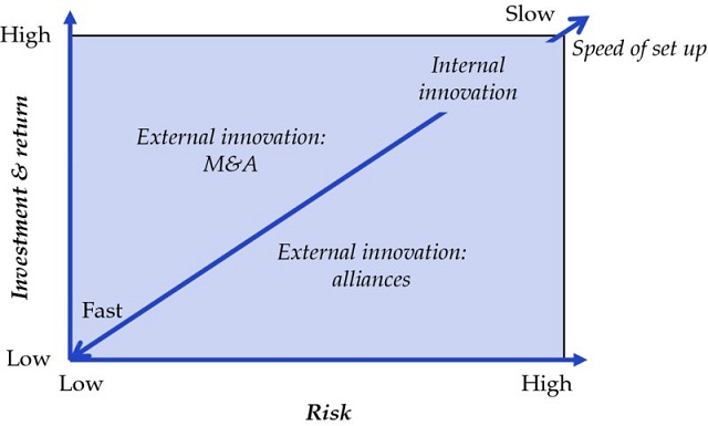 Diagram shows risk versus investment and return with ranges low to high. Linear straight line speed set up ascends upward from low to high with spaces above line: external innovation M and A and below line: external innovation: alliances.