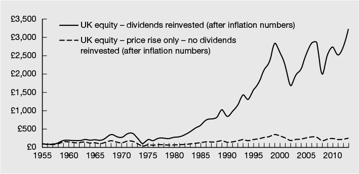 Figure 8.2 Reinvesting dividends is a major contributor to long-term equity returns
