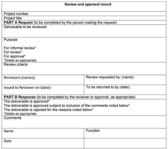 Figure 28.3 An example of a review and approval form An outline for a form which can be used to request and respond to review or approval requests. This may in any format, using any tool. For example, it could be built into a work flow tool or embedded in a standard email.