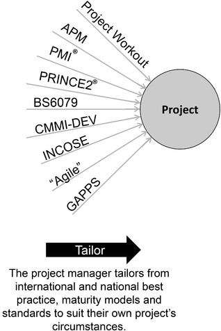 Figure 30.1 Tailoring for a single project The project manager creates the management approach for their project, drawing on a range of different sources and adapting them to suit the project and team.