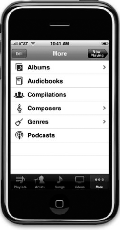 The iPod application uses both a navigation bar and a tab bar.