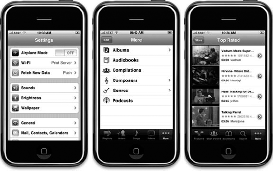 Though they all look different, the Settings, iPod, and YouTube applications all use table views to display their data.