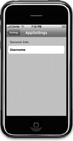 Our root view in the Settings application after adding a group and a text field