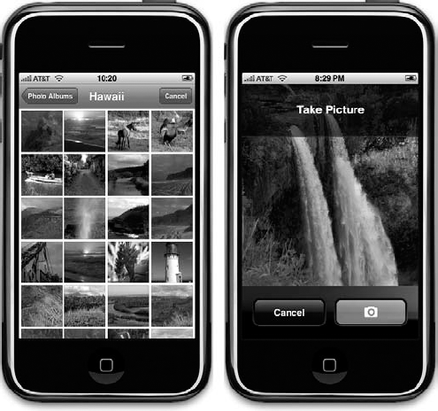 An image picker in action using a list of images (left) and the camera (right)