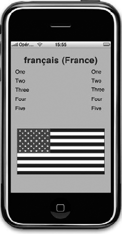 The nonlocalized application run on an iPhone set to use the French language