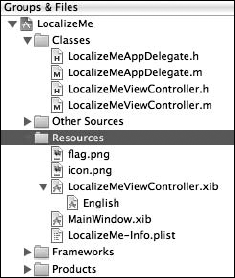 Localizable files have a disclosure triangle and a child value for each language or region you add.