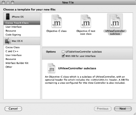 Selecting the Objective-C subclass template in the new file assistant