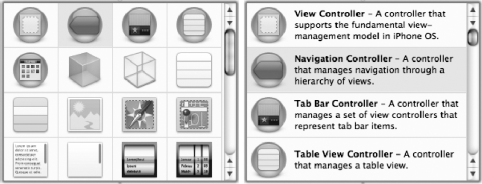 The Navigation Controller icon. Depending on the version of Interface Builder you are using, the Library may default to displaying items in one of two ways. You might see just the icon (left), or the icon and a short description (right). You can change how the library items are displayed by right-clicking on the middle pane.