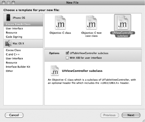 Using the new file assistant to create a new table view controller subclass