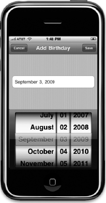 When you add a date field to a person's record in the Contacts application, this is the screen. Our date editing view controller recreates, pixel-for-pixel, this view.